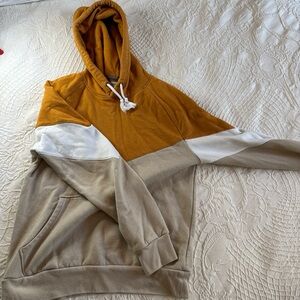 Colorblock Hoodie in Mustard, White, and Beige